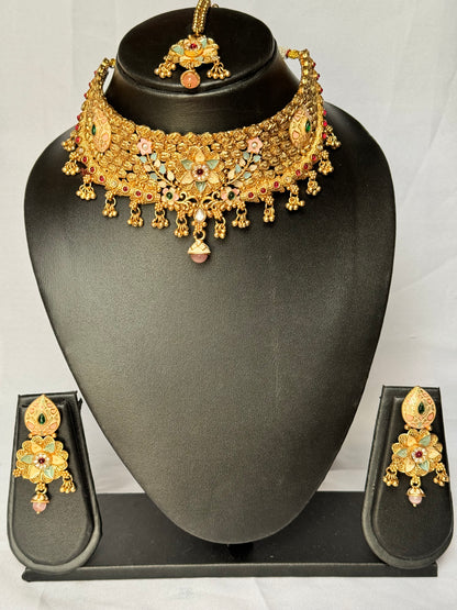 Luxury Antique Gold Temple Choker Necklace Set | Handcrafted Kundan Enamel Bridal Jewelry | Indian Wedding Choker with Earrings & Maang Tikk