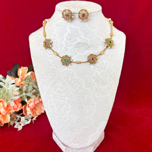 Antique Gold Floral Necklace Set, Ruby Emerald Stone Short Necklace, Traditional Temple Jewelry, Pearl Accent Indian Necklace, Bridal Festiv