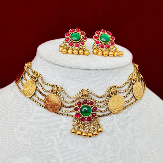 Antique Gold Temple Choker Necklace Set, Lakshmi Coin Necklace, Green Red Stone Bridal Jewelry, South Indian Wedding Jewelry, Festive Ethnic