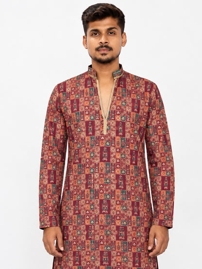 Men’s Orange Maroon Kurta Pajama Set, Soft Armani Fabric Printed Kurta with Golden Shine, Indian Wedding Outfit, Diwali Festive Wear for Men