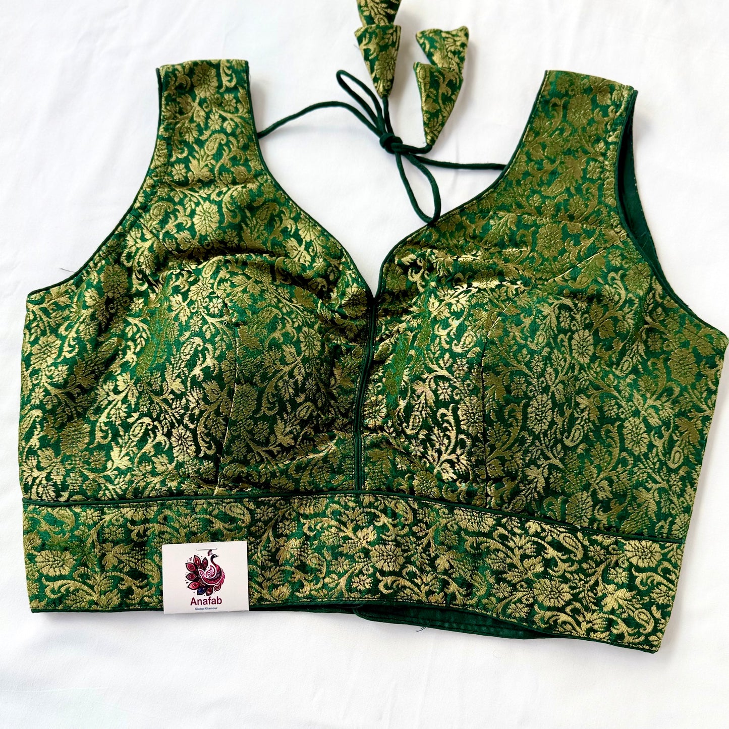 Emerald Green Brocade Blouse, Gold Designer Blouse, Padded Indian Blouse, Deep Back Ready to Wear Blouse, Wedding festive blouse, Crop top