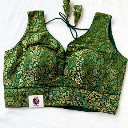Emerald Green Brocade Blouse, Gold Designer Blouse, Padded Indian Blouse, Deep Back Ready to Wear Blouse, Wedding festive blouse, Crop top