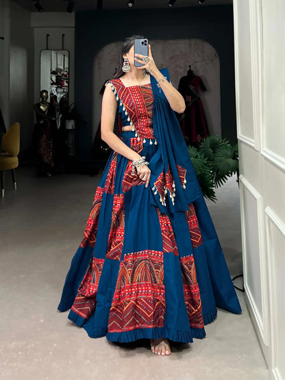Navratri Lehenga Choli for Women, Blue Garba Chaniya Choli, Pure Cotton Lehenga with Dupatta, Gujarati Dandiya Outfit, Indian Festival Dress