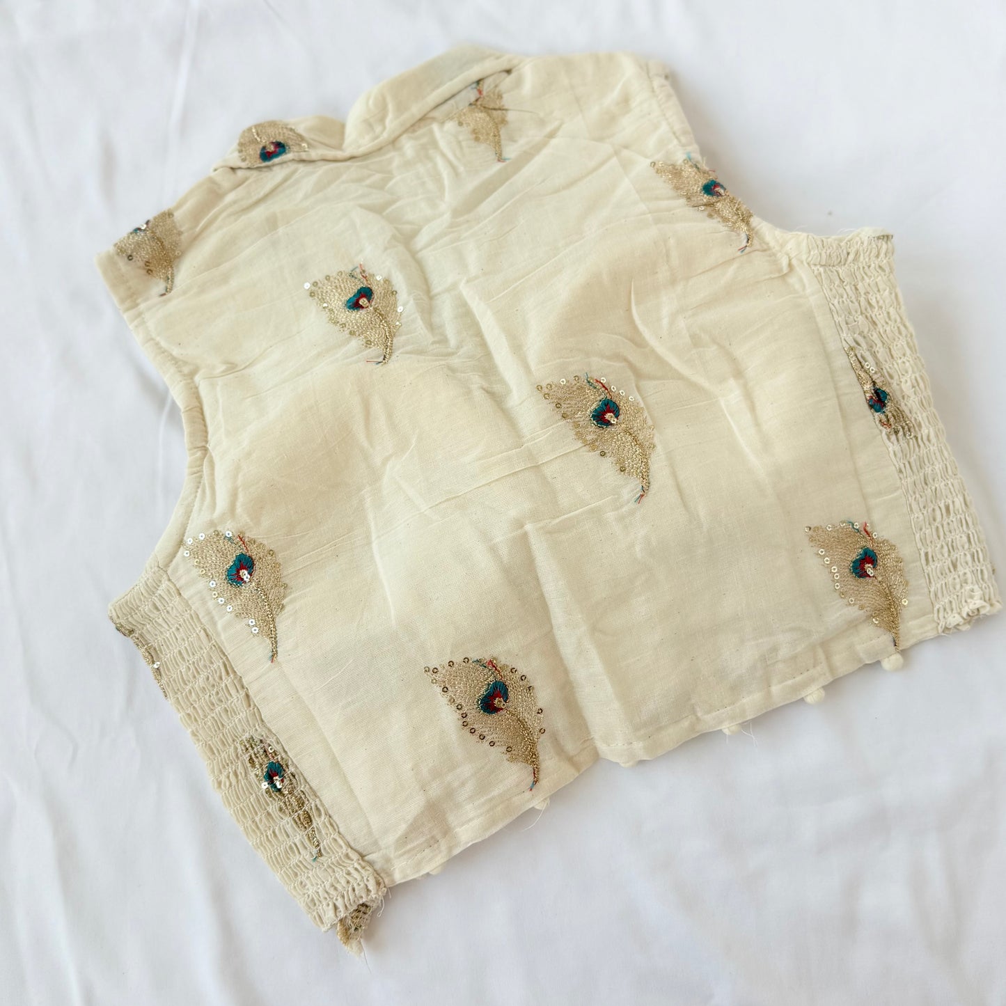 Khadi Cotton Embroidered Blouse, Ivory Peacock Sequin Work Saree Blouse, Stretchable Collar Neck Blouse, Ready to Wear Indian Blouse, Crop t