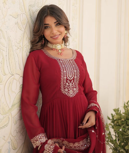 Maroon Embroidered Gown with Dupatta | Fully Stitched Anarkali Style Dress | Indian Ethnic Wear for Weddings & Parties