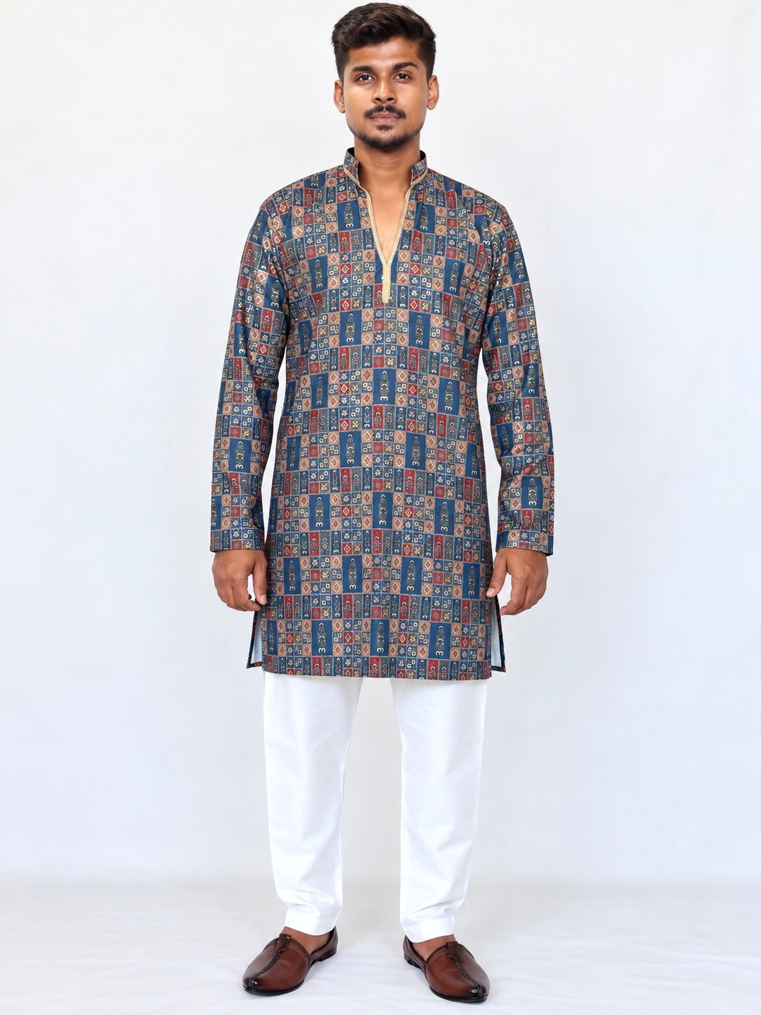 Men’s Grey Blue Armani Kurta Pajama Set, Golden Foil Print Indian Kurta, Wedding Guest Outfit, Diwali Festive Wear, Traditional Ethnic Dress