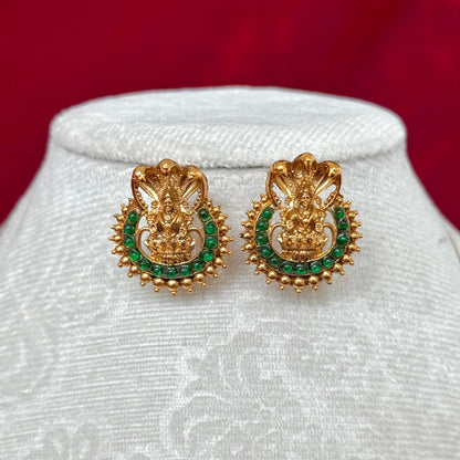 Lakshmi Temple Jewelry Set Antique Gold Necklace with Earrings | South Indian Goddess Pendant Green Stone Chain | Festival Wedding Jewelry G
