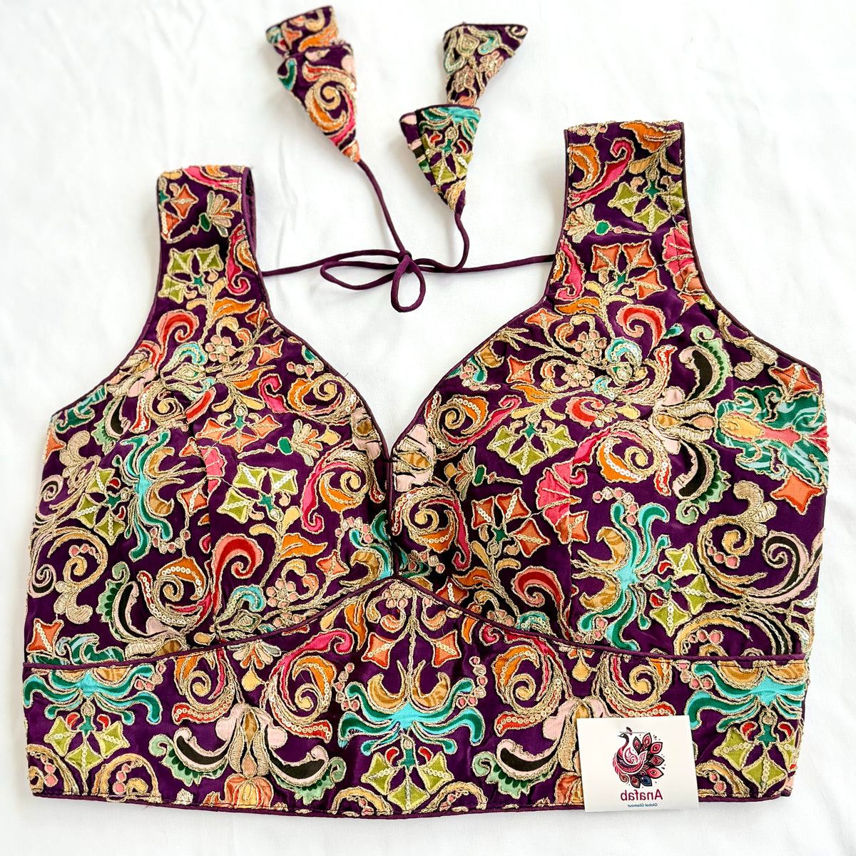 Designer Wine Purple Multicolor Embroidery Blouse, Ready to Wear Saree Blouse, Deep Back Neck Blouse, Wedding Festive Indian Blouse