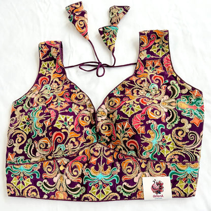Designer Wine Purple Multicolor Embroidery Blouse, Ready to Wear Saree Blouse, Deep Back Neck Blouse, Wedding Festive Indian Blouse