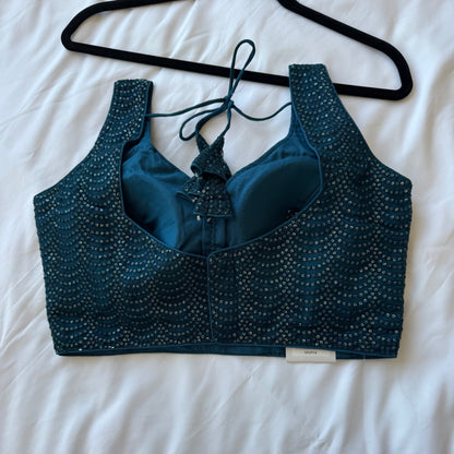 Designer Dark Teal Sleeveless Blouse with Heavy Sequin Work, Fancy blouse for Lehenga, Sarees, party wear Blouse, Top