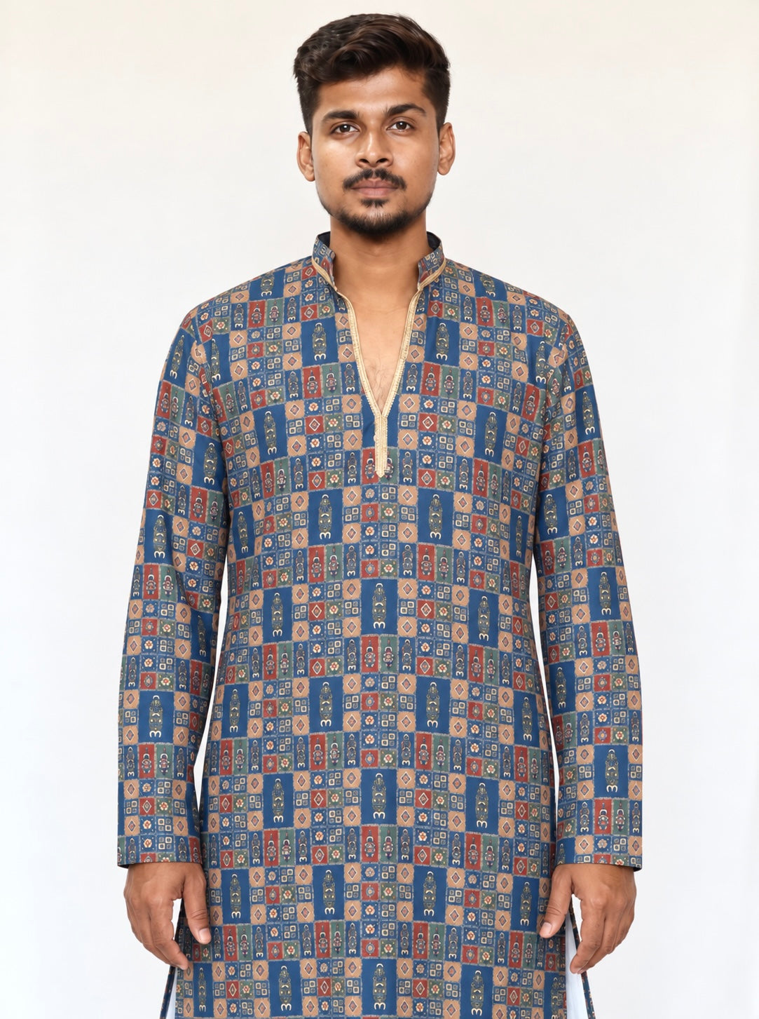 Men’s Grey Blue Armani Kurta Pajama Set, Golden Foil Print Indian Kurta, Wedding Guest Outfit, Diwali Festive Wear, Traditional Ethnic Dress