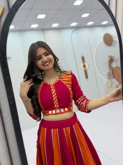 Navratri Lehenga Choli for Women, Pink Orange Cotton Garba Chaniya Choli, Mirror Work Dandiya Outfit, Indian Wedding Festive Lehenga Set
