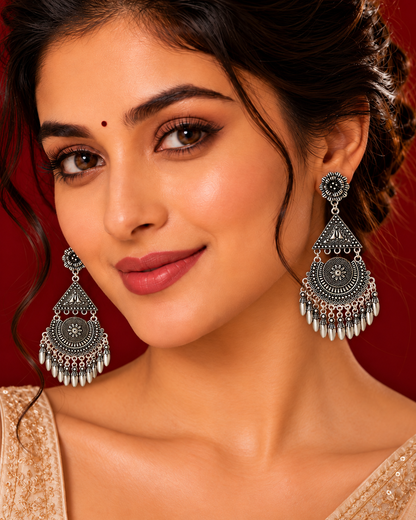 Oxidized Silver Afghani Earrings, Long Tribal Chandbali Earrings, Boho Statement Earrings, Indian Ethnic Jewelry, Silver Dangle Earrings