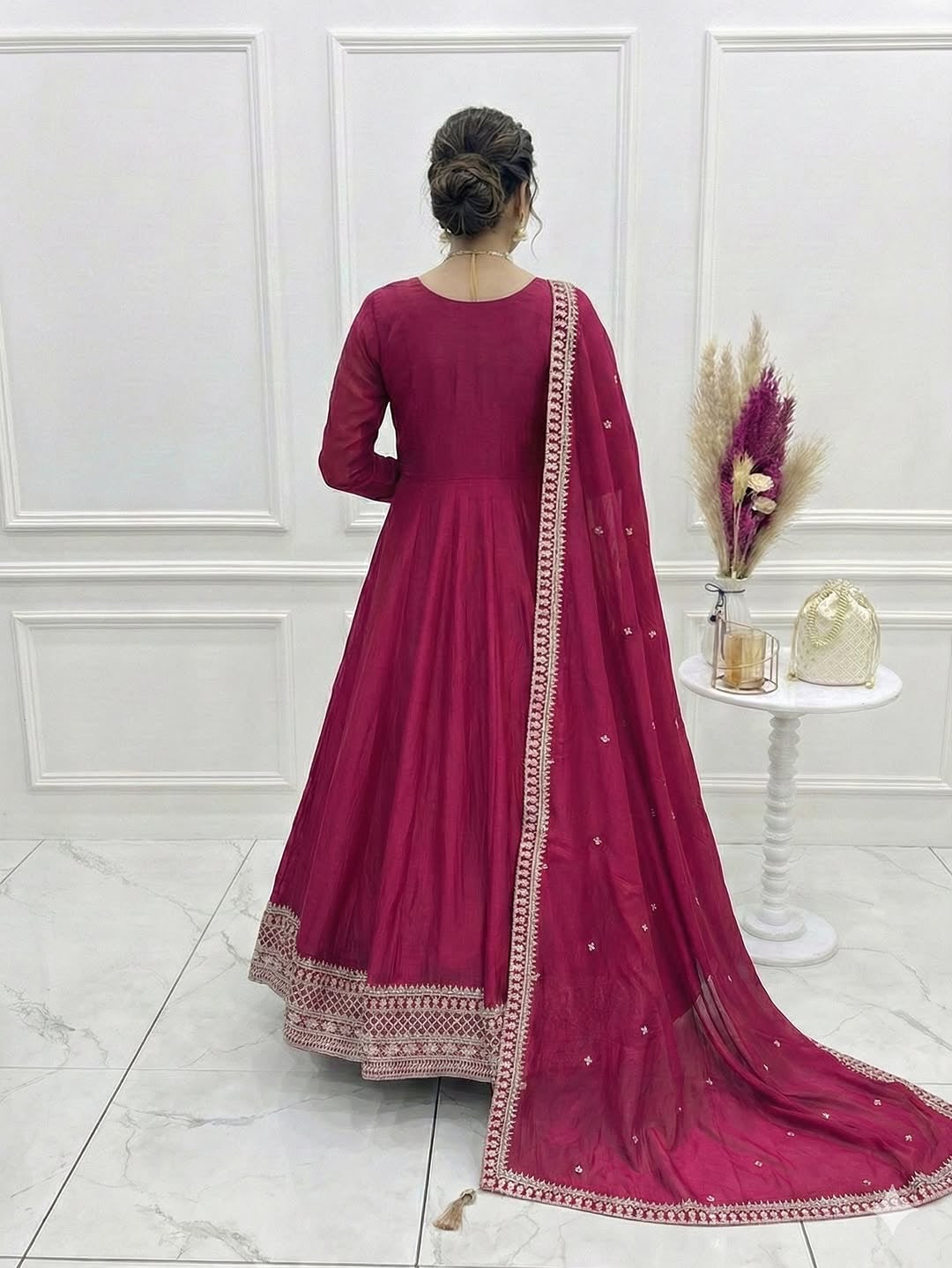Dark Pink Anarkali Gown with Dupatta, Pure Vichitra Silk Dress, Heavy Embroidery Kali Anarkali Dress, Indian Wedding Festive Outfit