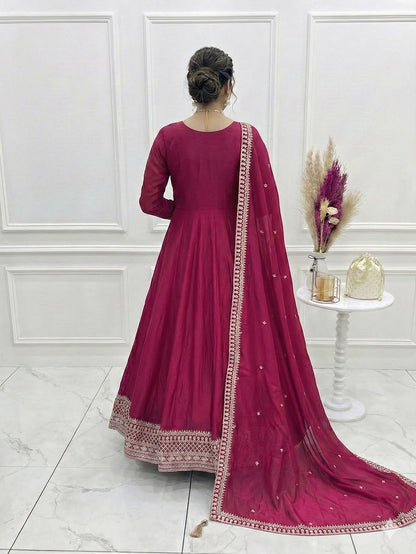 Dark Pink Anarkali Gown with Dupatta, Pure Vichitra Silk Dress, Heavy Embroidery Kali Anarkali Dress, Indian Wedding Festive Outfit