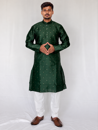 Men’s Bottle Green Jacquard Kurta Pajama Set, Golden Butti Brocade Kurta, Indian Wedding Outfit, Festive Ethnic Wear, Diwali outfit,