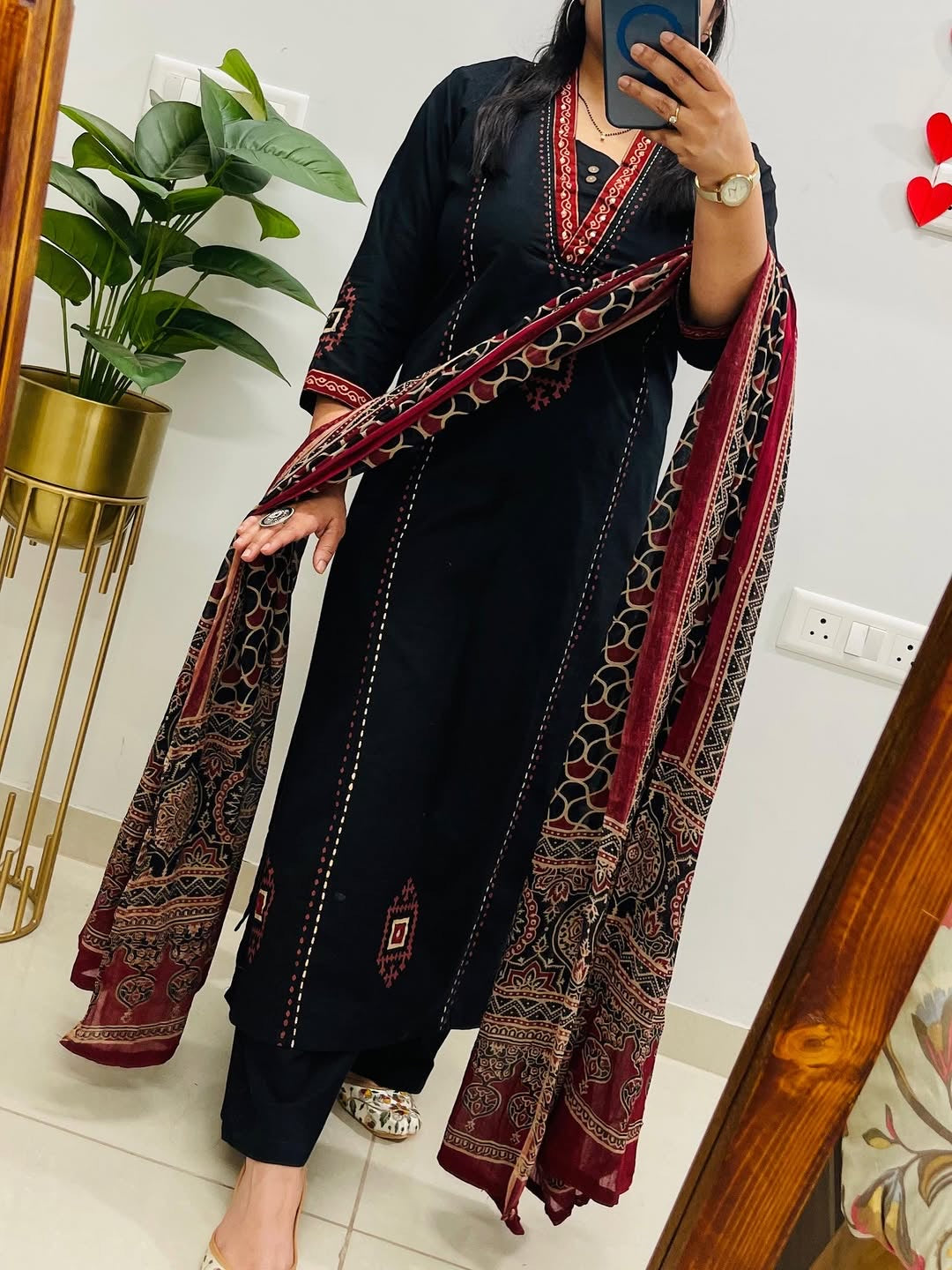 Black Dabu Cotton Suit Set | Mirror Work Kurta |  Handblock Print Dupatta | Soft Comfortable Office wear | Casual Ethnic Wear for Women