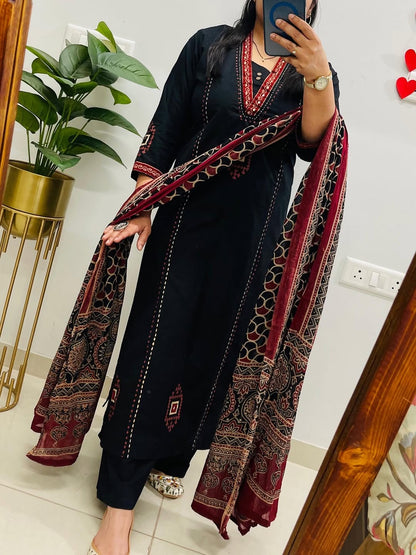 Black Dabu Cotton Suit Set | Mirror Work Kurta |  Handblock Print Dupatta | Soft Comfortable Office wear | Casual Ethnic Wear for Women