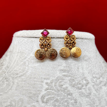 Temple Coin Necklace Set, Antique Gold Lakshmi Necklace, Red Green Stone Choker, South Indian Jewelry Set, Bridal Festive Necklace