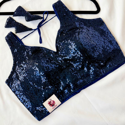 Blue Sequin Saree Blouse, Readymade Sleeveless Blouse, Padded Party Wear Blouse, Sparkly Indian Blouse, Wedding Blouse, Crop top