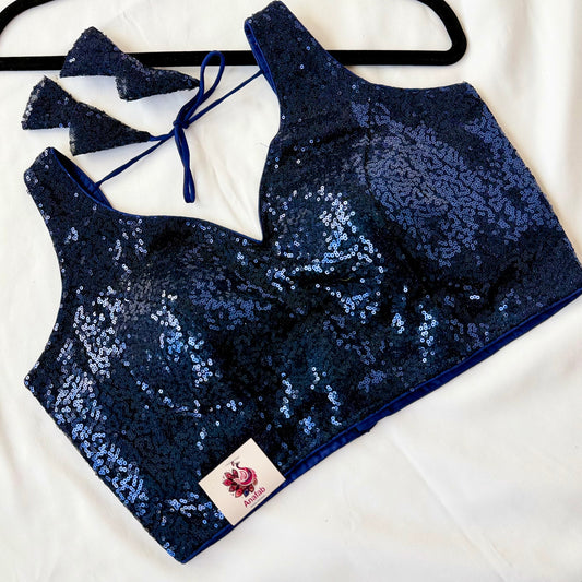 Blue Sequin Saree Blouse, Readymade Sleeveless Blouse, Padded Party Wear Blouse, Sparkly Indian Blouse, Wedding Blouse, Crop top
