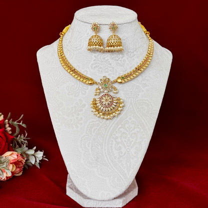 Antique Gold CZ Necklace Set with Jhumka Earrings, Pearl Hanging Pendant, Indian Bridal Jewelry, Ruby Green Choker, Wedding Set
