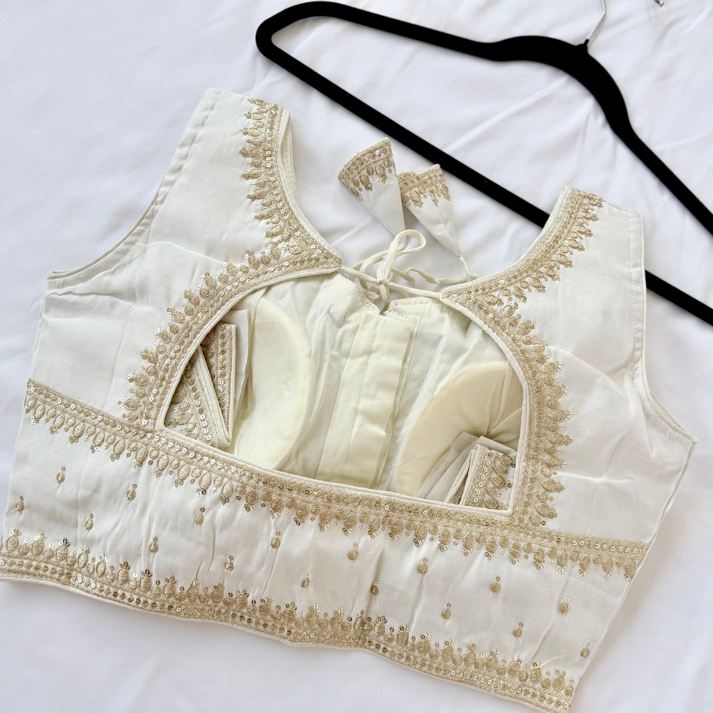 Ivory Jacquard Saree Blouse, Gold Embroidered Designer Blouse, Deep Back Neck Blouse with Latkan, Ready to Wear Indian Blouse, Crop top