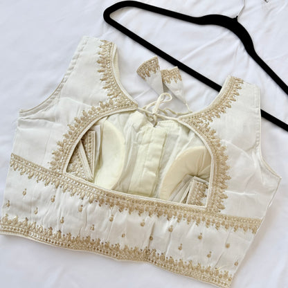 Ivory Jacquard Saree Blouse, Gold Embroidered Designer Blouse, Deep Back Neck Blouse with Latkan, Ready to Wear Indian Blouse, Crop top