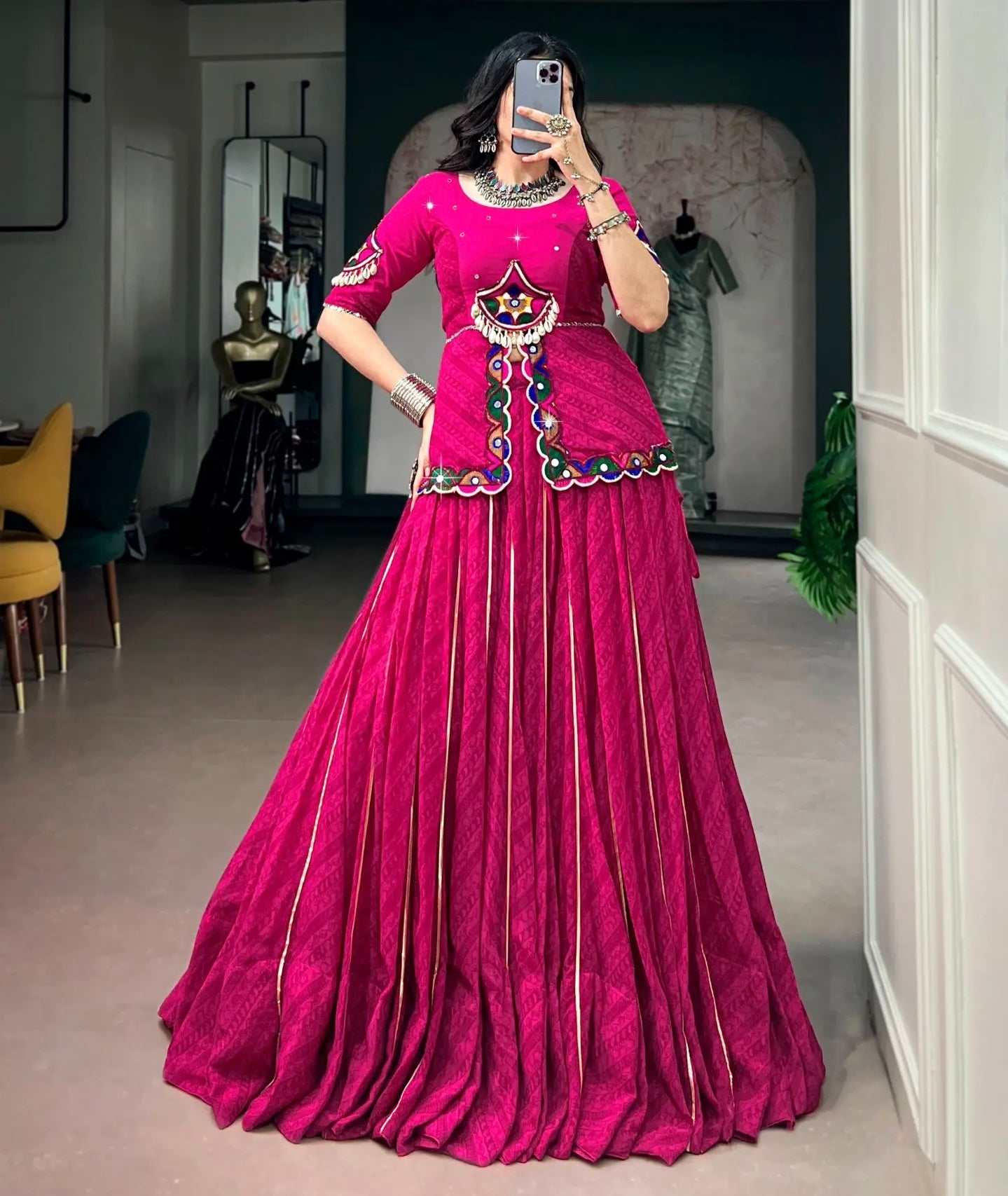 Navratri Lehenga Choli for Women, Pink Garba Chaniya Choli, Gamthi Mirror Work Blouse, Georgette Lehenga, Dandiya Indian Festival Outfit