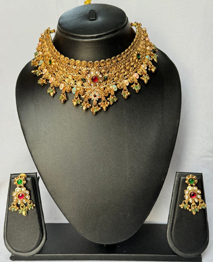 Antique Gold Indian Choker Necklace Set with Earrings, Multicolor Stone Temple Jewelry, Traditional Bridal Wedding Statement Necklace Set