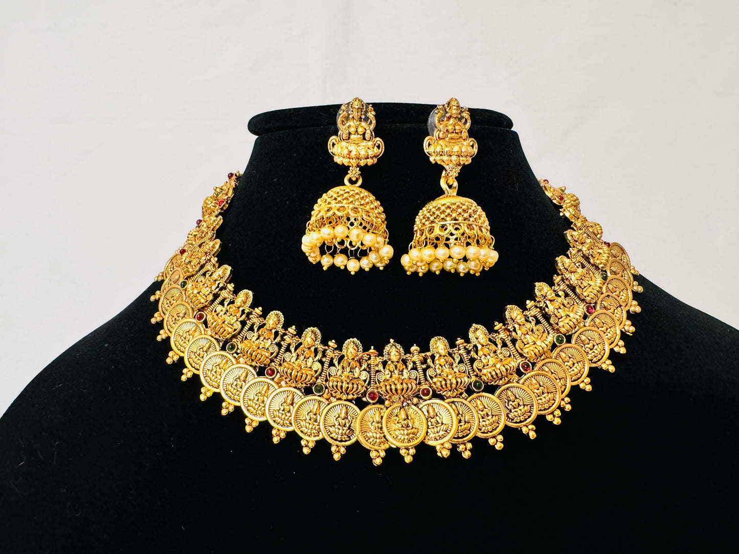 Antique Temple Coin Necklace Set with Lakshmi Design & Jhumka Earrings | South Indian Bridal Jewelry | Traditional Gold Finish Choker