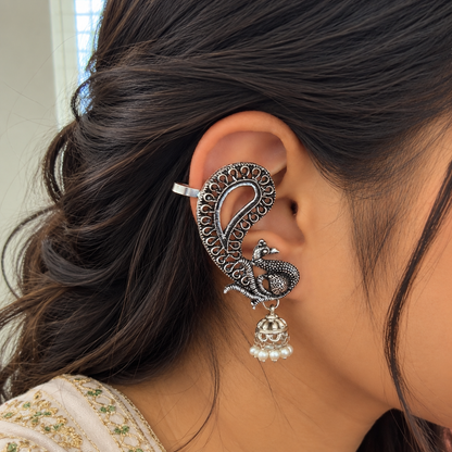 Oxidized Silver Peacock Ear Cuff Earrings, Traditional Jhumka Earrings, Statement Indian Jewelry, Ethnic Ear Wrap Earrings, Boho Jewelry