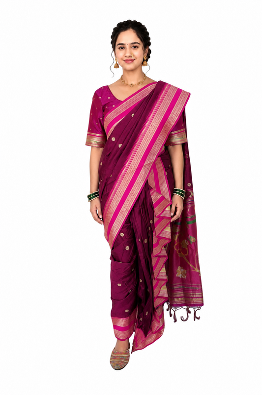 Ready to Wear Nauvari Saree with Blouse | Wine Shahi Mastani Style | Semi Silk Paithani 9 Yard Saree | Fully Stitched Maharashtrian Saree