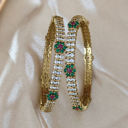 Elegant Gold Finish Crystal Bangles Set with Emerald Ruby Floral Design | Elegant Indian Bridal & Festive Kada | 2 Pc Set | ethnic bangles