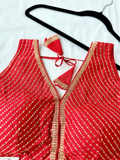 Bright Red Saree Blouse, V Neck Zari Embroidered Blouse, Sleeveless Ready to Wear Indian Blouse, Wedding Festive Blouse, Crop top, lehenga t