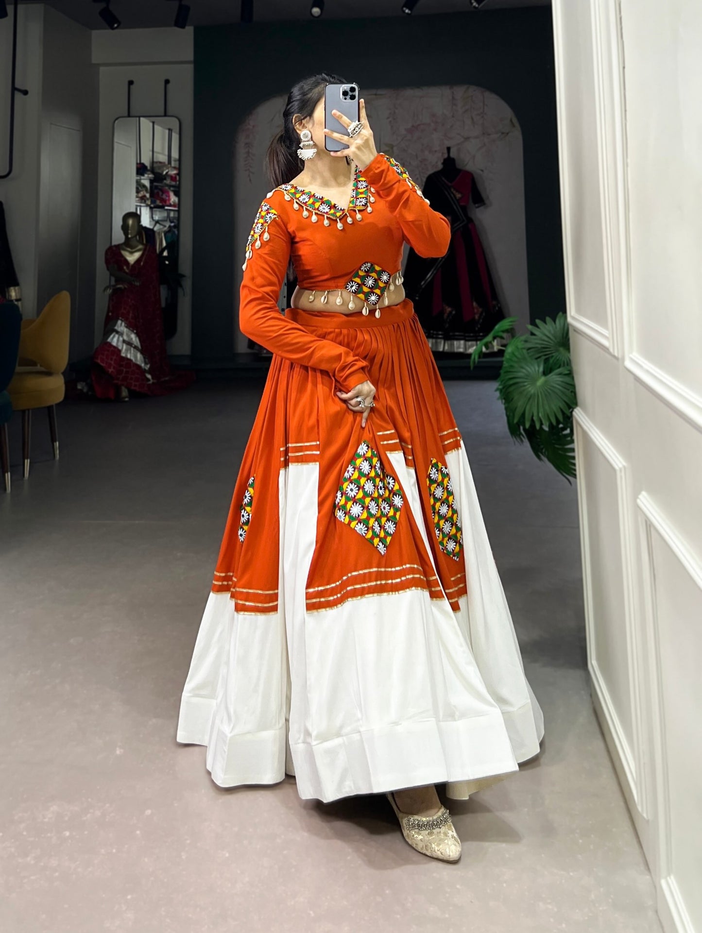 Navratri Lehenga Choli for Women, Orange White Garba Chaniya Choli, Gamthi Patchwork Lehenga, Kutchi Style Dandiya Raas Outfit