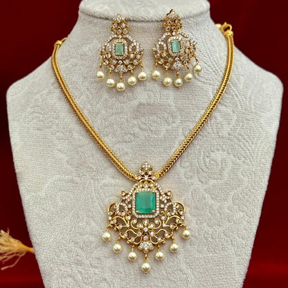 Turquoise CZ Polki Necklace Set with Pearl Drops, Indian Bridal Jewelry Set, Gold Tone Pendant Necklace, Statement Earrings, Party Wear Jew