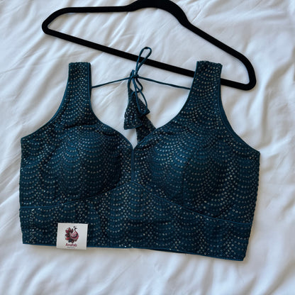 Designer Dark Teal Sleeveless Blouse with Heavy Sequin Work, Fancy blouse for Lehenga, Sarees, party wear Blouse, Top