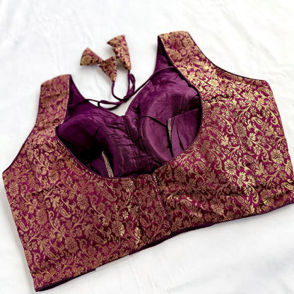 Wine Purple Gold Brocade Blouse, Ready to Wear Indian Blouse, Padded Designer Blouse, Deep Back Neck Blouse, Party wear blouse, crop top