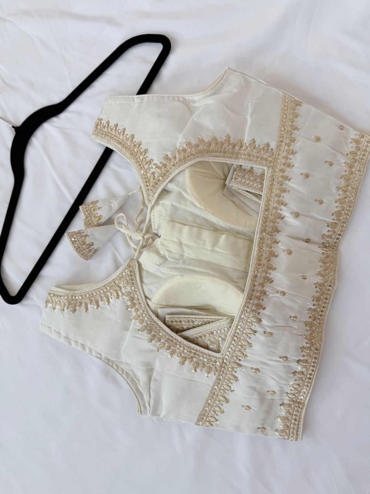 Ivory Jacquard Saree Blouse, Gold Embroidered Designer Blouse, Deep Back Neck Blouse with Latkan, Ready to Wear Indian Blouse, Crop top