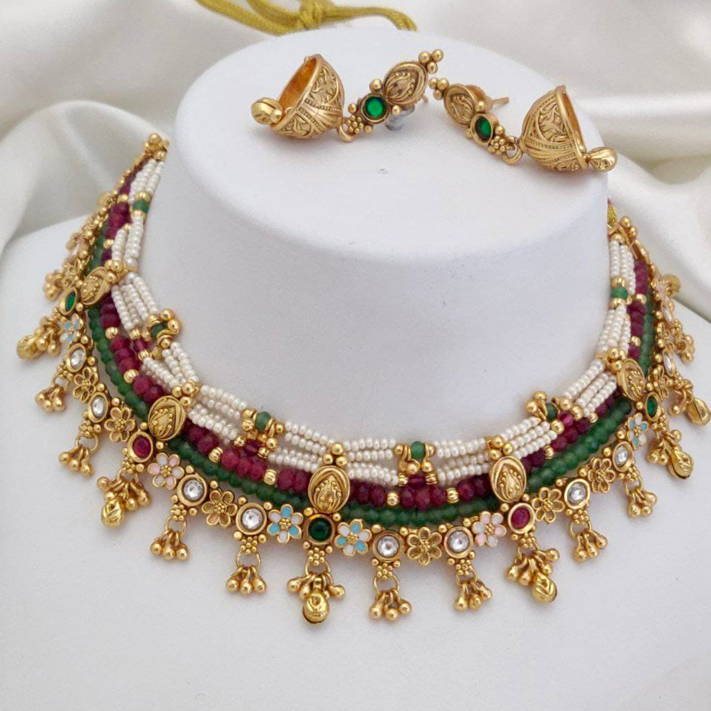 Antique Gold Multilayer Temple Necklace Set with Jhumka Earrings | Traditional Indian Beaded Bridal Choker | Festive Wedding Jewelry