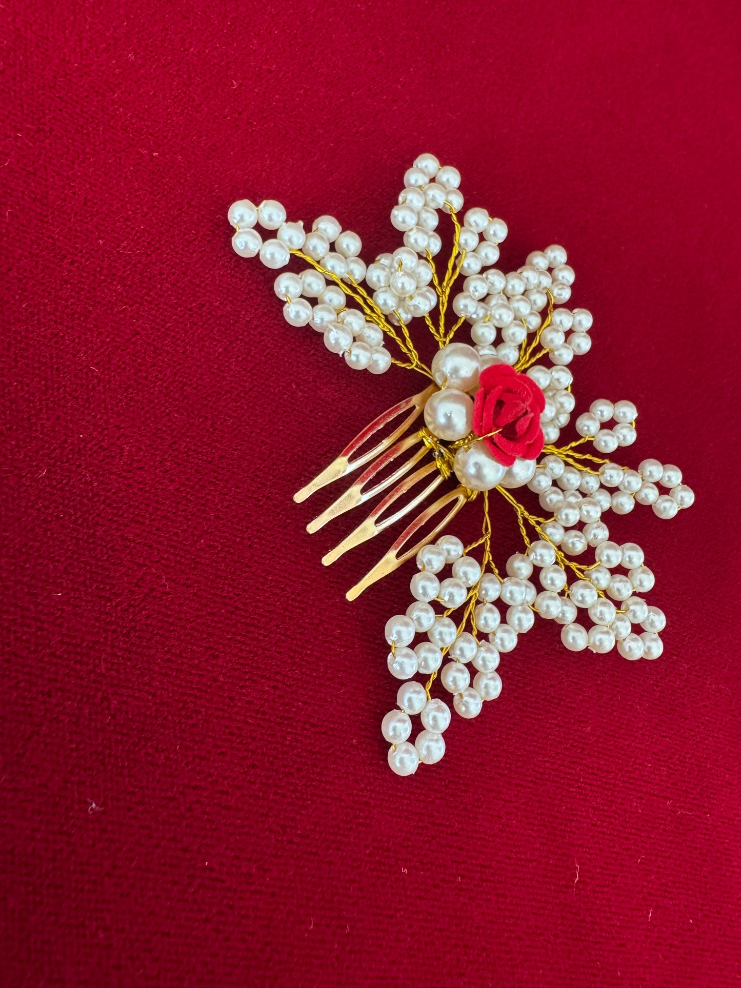 Pearl Floral Hair Brooch with Red Rose – Bridal Hair Comb, Traditional Bun Pin, Wedding Hair Accessory, Saree Hair Jewelry