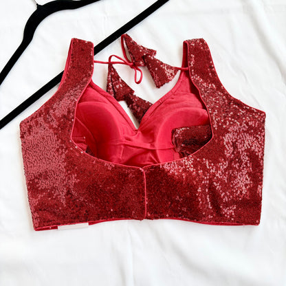 Red Sequin Saree Blouse, Readymade Sleeveless Blouse, Padded Party Wear Blouse, Sparkly Indian Blouse, Wedding Blouse, Crop top