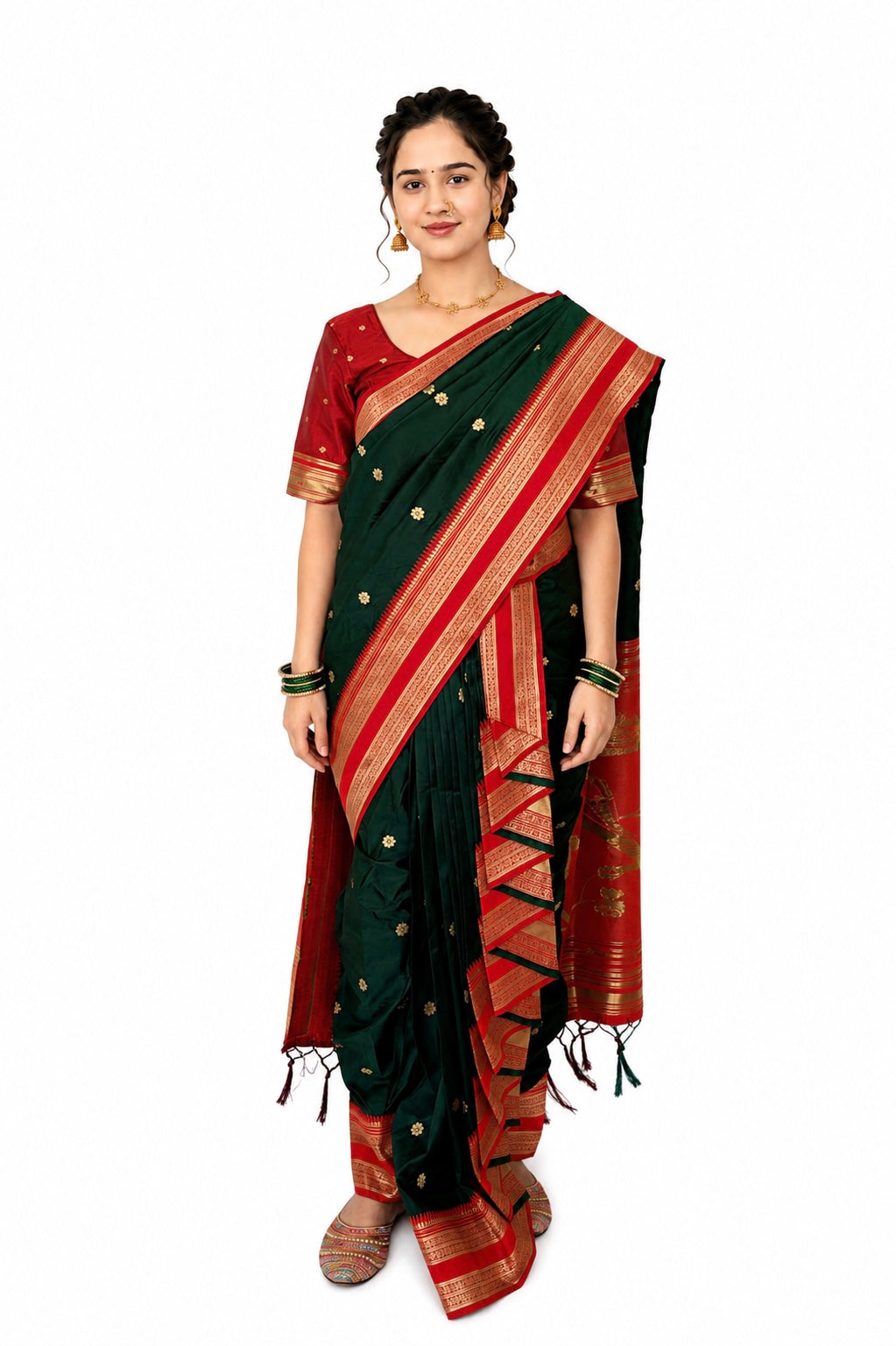 Ready to Wear Shahi Mastani Nauvari Saree | Bottle Green & Red Semi Silk Paithani | Fully Stitched 9 Yard Maharashtrian Saree with Blouse