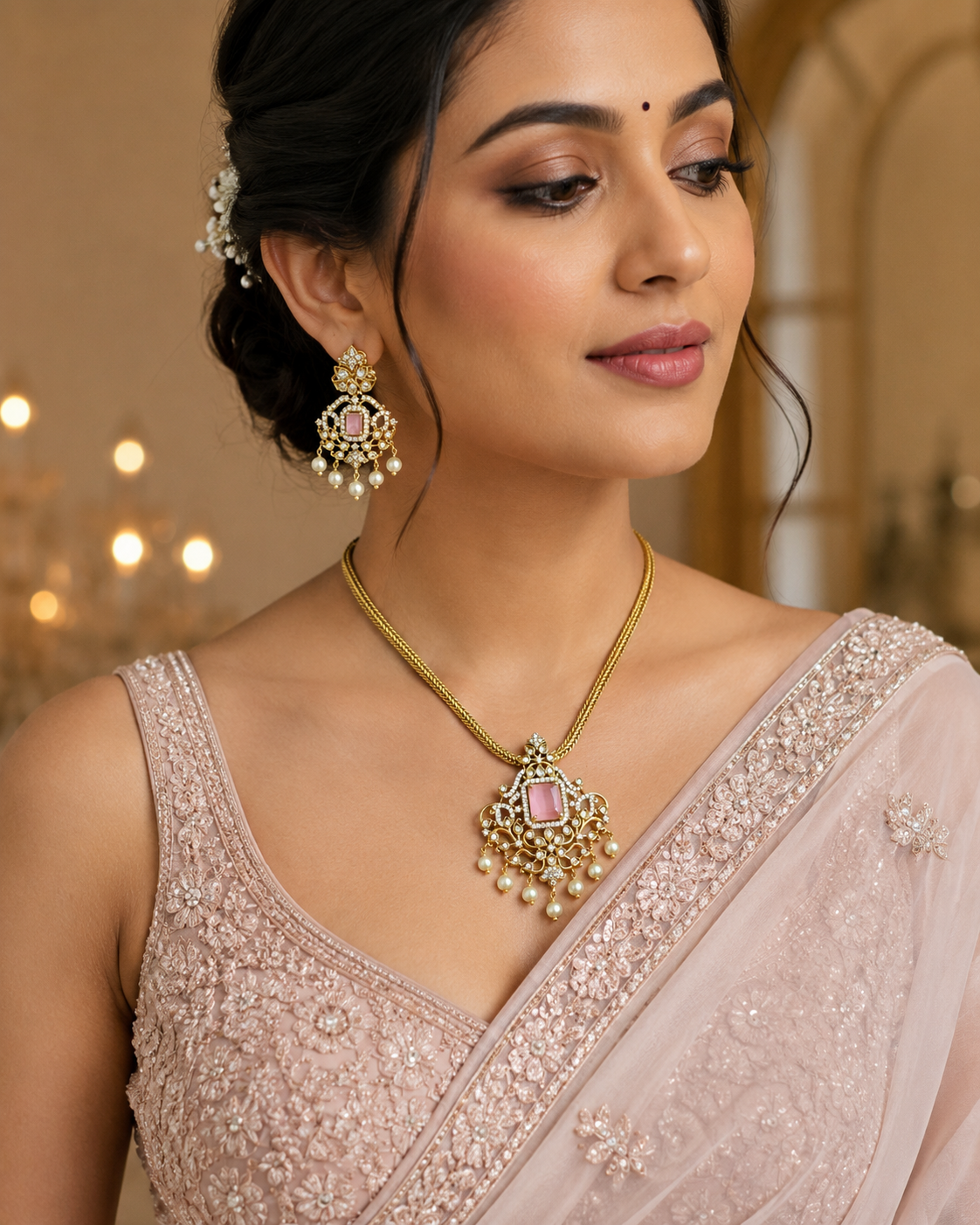 Pink Stone CZ Necklace Set for Women, Gold Tone Indian Pendant Necklace, Pearl Drop Earrings Set, Party Wear Jewelry, Wedding Guest Jewelry