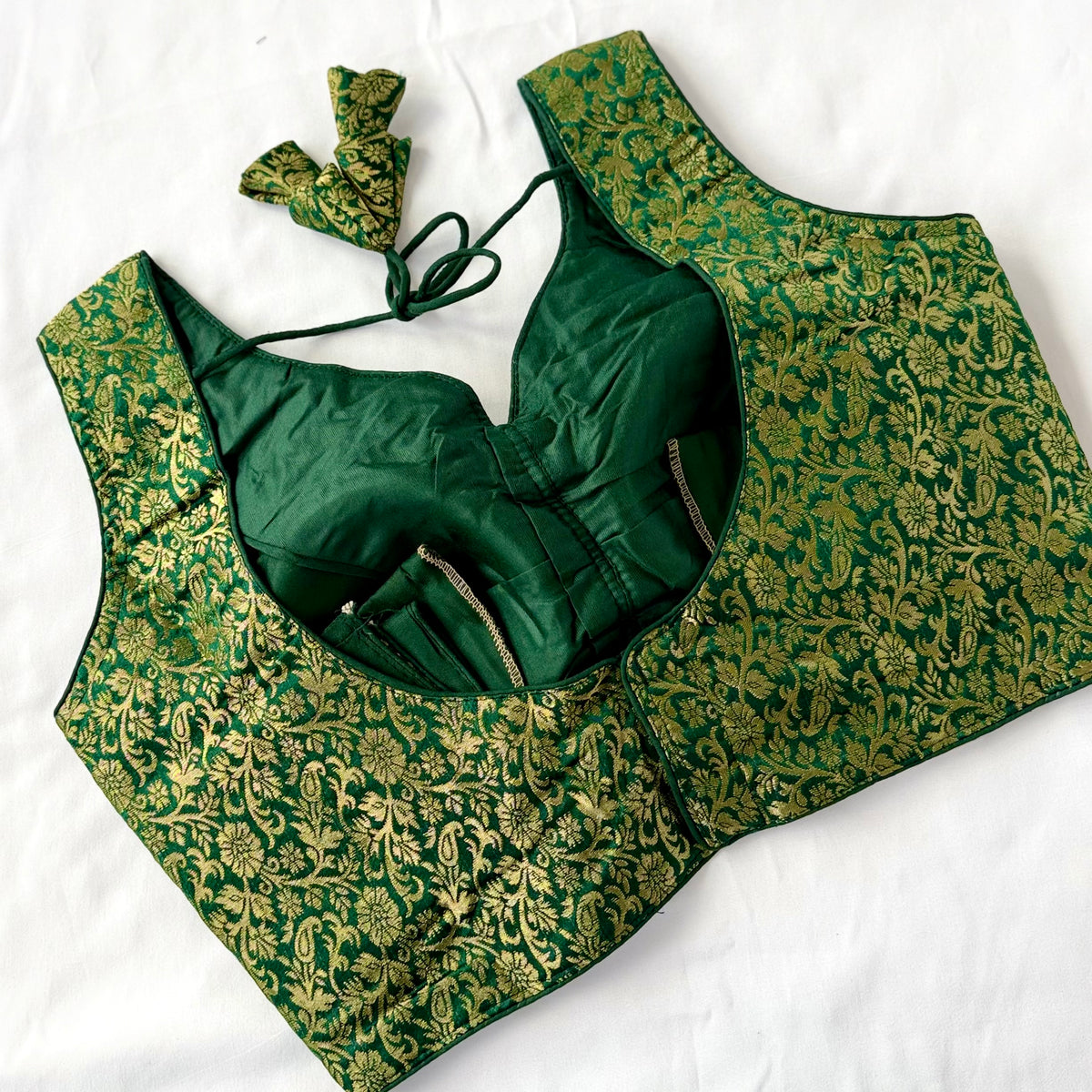 Emerald Green Brocade Blouse, Gold Designer Blouse, Padded Indian Blouse, Deep Back Ready to Wear Blouse, Wedding festive blouse, Crop top