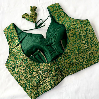 Emerald Green Brocade Blouse, Gold Designer Blouse, Padded Indian Blouse, Deep Back Ready to Wear Blouse, Wedding festive blouse, Crop top