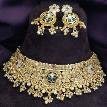 Antique Gold Kundan Choker Necklace Set with Earrings, Traditional Indian Bridal Jewelry, Floral Pearl Choker, Wedding Festive Jewelry