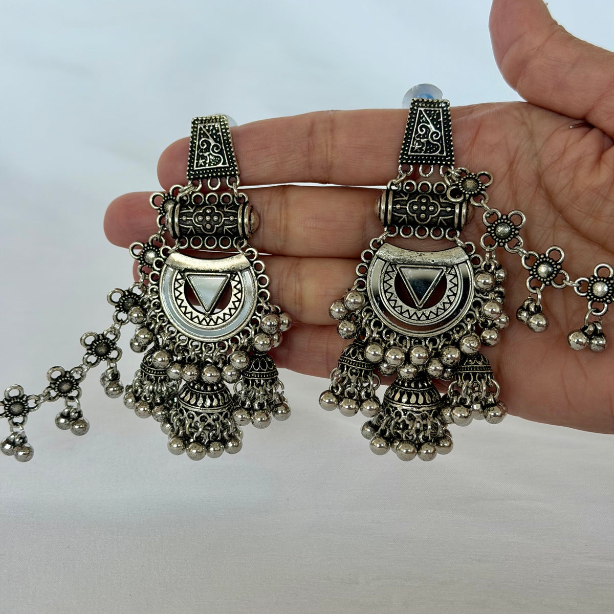 Oxidized Silver Jhumka Earrings with Long Chain, Traditional Indian Ghungroo Earrings, Tribal Boho Statement Jewelry, Garba Earrings, weddin