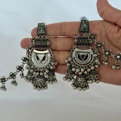 Oxidized Silver Jhumka Earrings with Long Chain, Traditional Indian Ghungroo Earrings, Tribal Boho Statement Jewelry, Garba Earrings, weddin